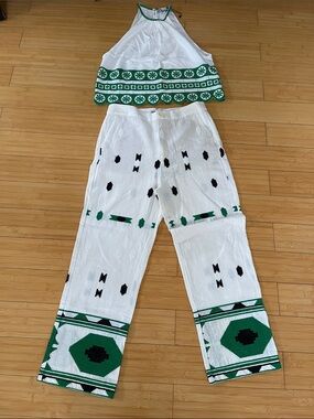 White & Green Aztec Straight Leg Pants - Top Women Zara Set Embroidered S&M